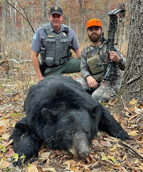 Chase Boggs of Bolivar harvested this female bear with his bow on private land in Douglas County during the 2022 season. MDC will offer 400 permits to harvest 40 bears during the 2023 season. Shown with Boggs is Douglas County Conservation Agent Mark Henry.