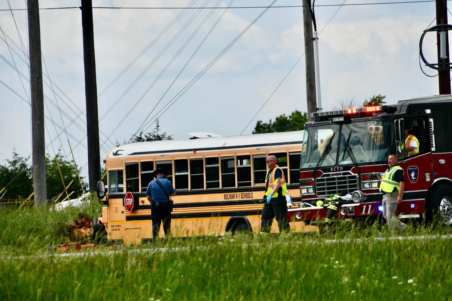 Emergency crews were present along Mo. 13, south of Bolivar, after a wreck involving a Bolivar R-1 school bus on Thursday, May 18.