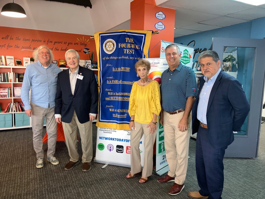 Farmers Branch Rotarians pause after a morning meeting at The Meeting Place. From left: Rob Bliss, marketing director; Richard Standford; assistant district governor; Alexandra Fincher, president-elect; Chris Goodspeed, treasurer; and Vince Montenegro, president.