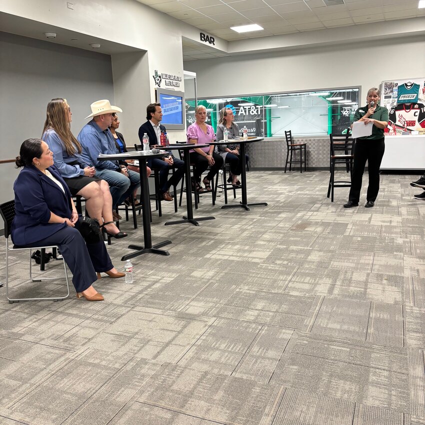 Kate Bergeron, owner and editor of the Branch Herald, served as moderator during Thursday night's forum, introducing Farmers Branch-Carrollton school board candidates to the audience at the Children's Health Star Center. Bergeron facilitated discussions on key education issues facing the district as voters prepare for the upcoming election.

From Right to Left - Kate Bergeron, Tara Hrbacek, Kim Brady, and  Brady Barnett, Rangoli Mathur, Paul Gilmore, Nicole Yarbrough, and Ileana Garza-Rojas