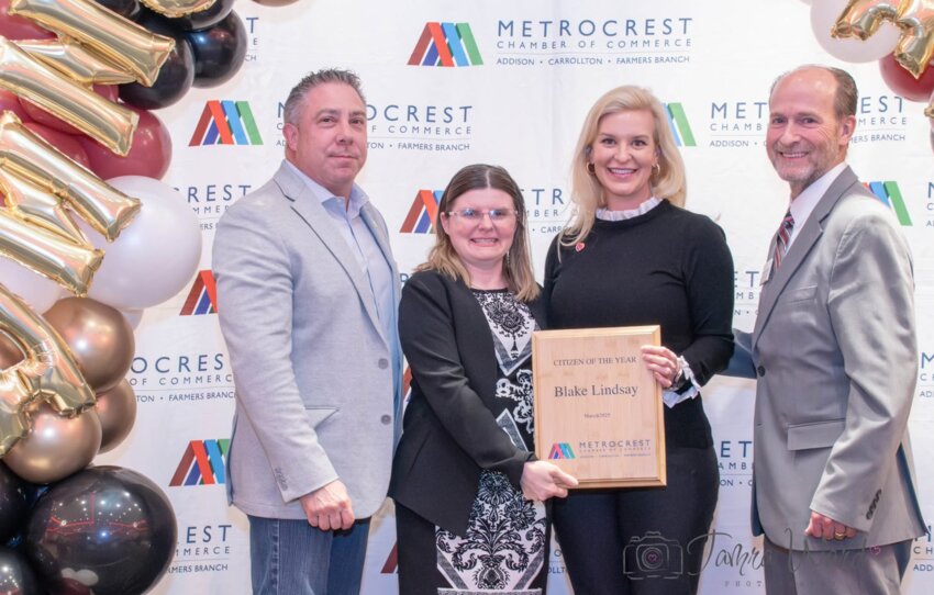 Metrocrest Chamber of Commerce President and CEO (far right) celebrates the Milburn Gravely Citizen of the Year Award for Envision Dallas Outreach and Communications Manager Blake Lindsay with Envision Dallas Vice President Lou Celli (from left), Lindsay's widow Jennifer Lindsay and Amelia White, Southwest Airlines Corporate Responsibility Regional Manager for Texas at the Metrocrest Chamber's annual awards luncheon on March 6.