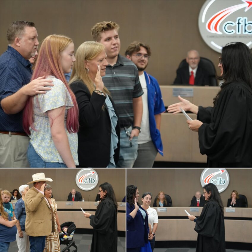 Kim Brady (top), Paul Gilmore and Ileana Garza-Rojas were sworn into their positions on the Board of Trustees during the June 3 pre-meeting.