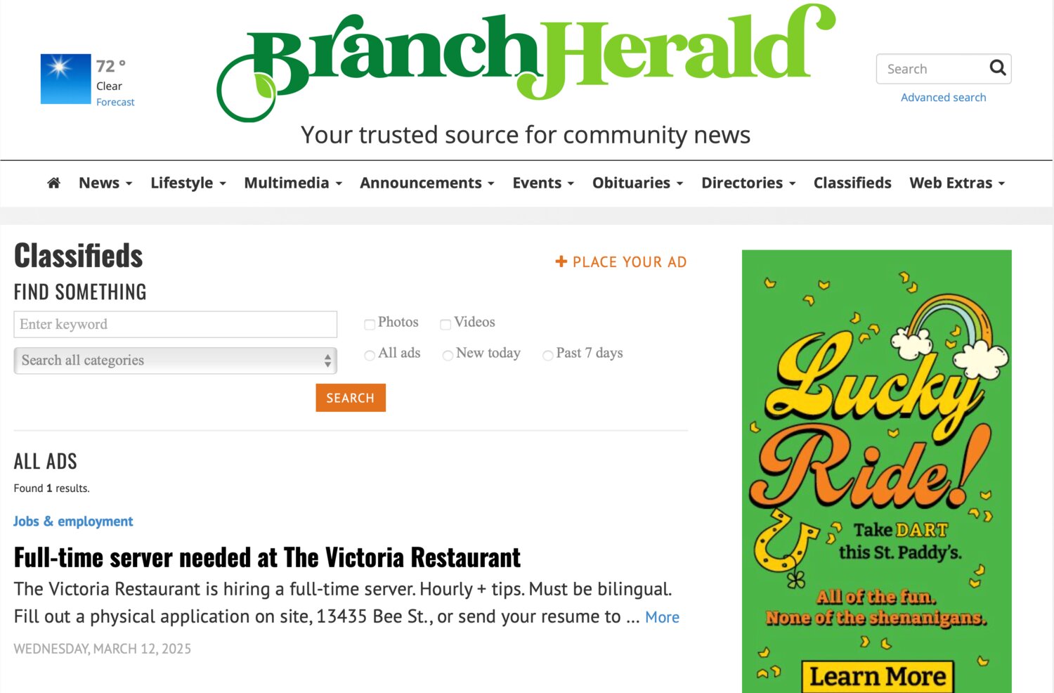 Residents can add classified ads, announcements and obituaries to the Branch Herald by following the instructions in each area. To add a summer camp or babysitter, please email news@branchherald.com
