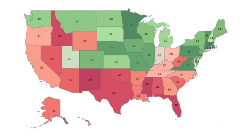 The Most to Least Educated States study shows state rankings on a map of the U.S.