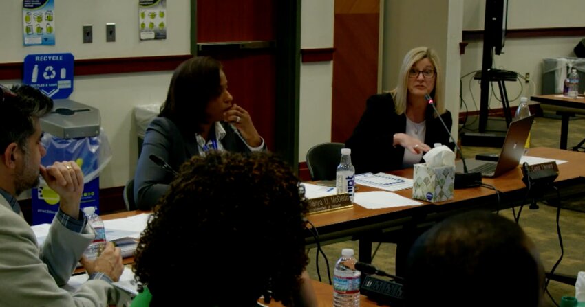 Superintendent LaTanya McDade, senior staff and school board members discuss the proposed FY24-25 budget, during a March work session.