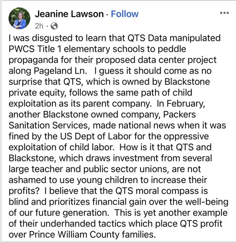 Supervisor Jeanine Lawson's message about the QTS literature included in school lunches. 