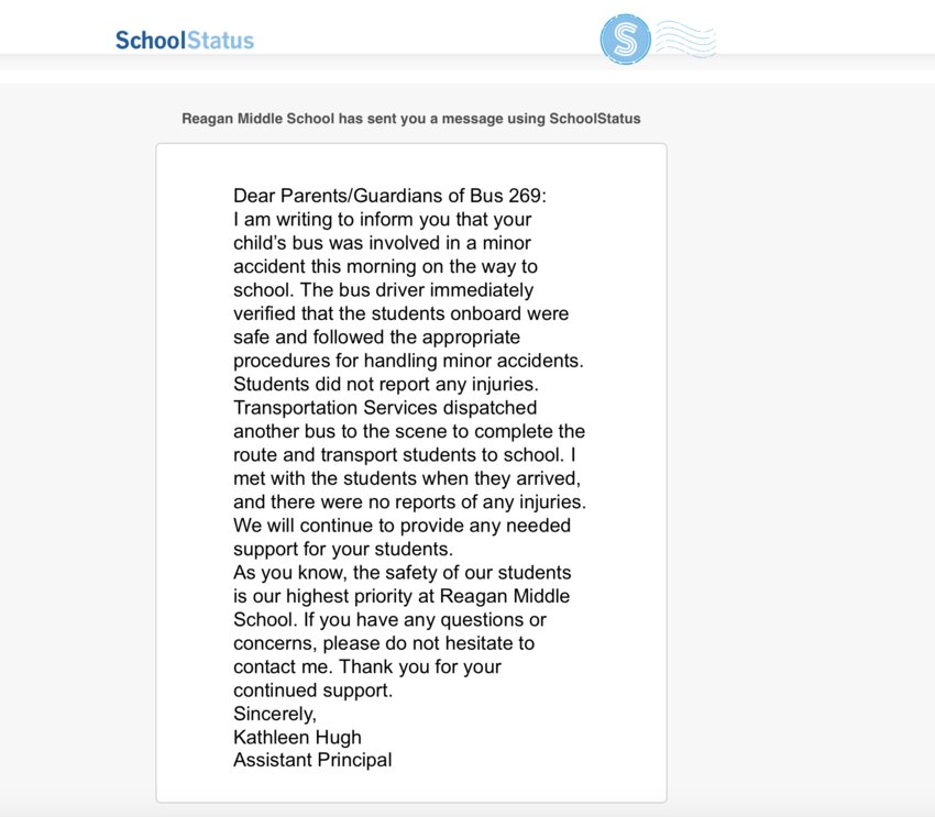 Assistant Principal Kathleen Hugh of Ronald Reagan Middle School sends a message to parents/guardians of students on Bus 269 via School Status.