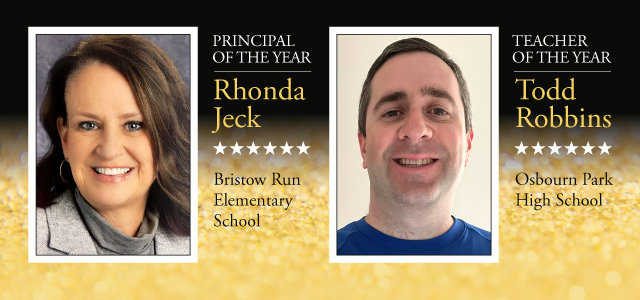 Prince William County Schools' 2022 Principal of the Year Rhonda Jeck of Bristow Run Elementary School and Teacher of the Year Todd Robbins from Osbourn Park High School.