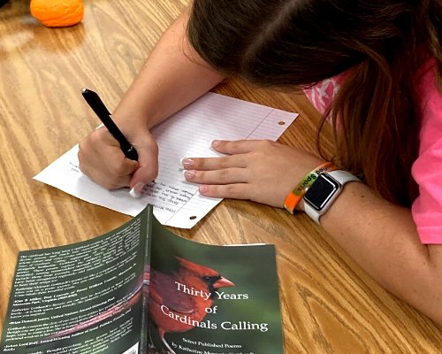Kettle Run High School student writes poetry during a writing workshop with Katherine Gotthardt.