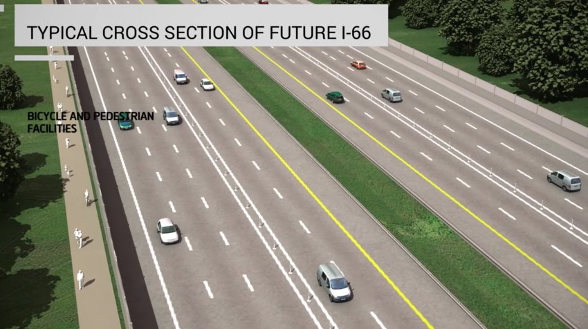 Typical Cross Section of Future I-66 showing three general-use lanes and two express lanes for Eastbound and Westbound roads.