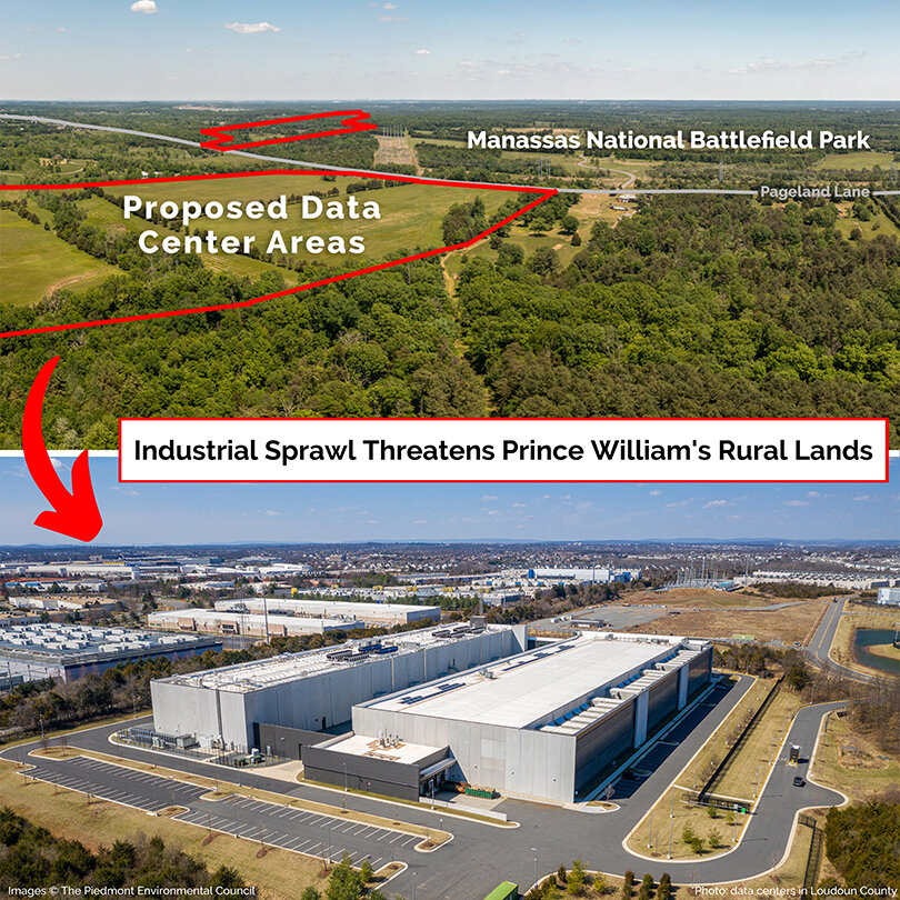 Aerial view of the Manassas National Battlefield juxtaposed with an image of data center development.