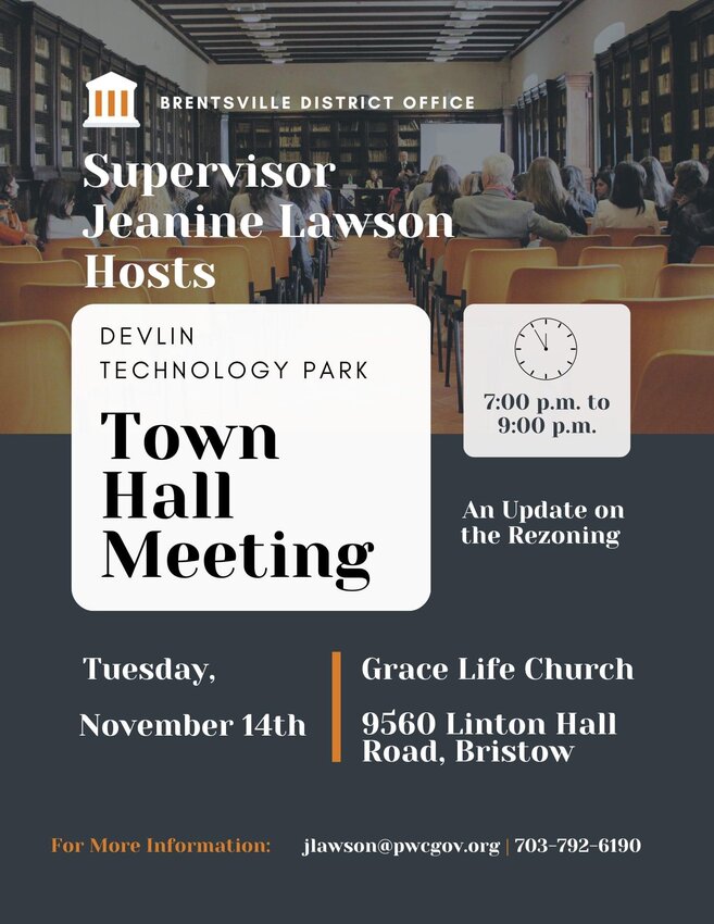 Flyer announcing Brentsville Town Hall regarding Devlin Technology Park, Nov. 11, 2023.