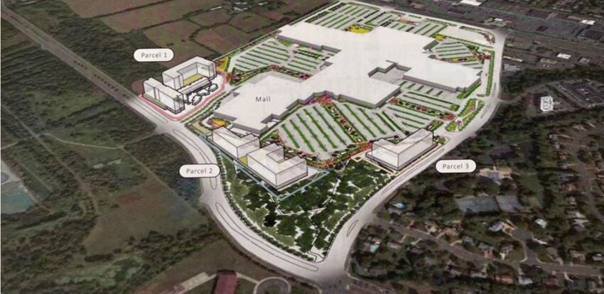 A Florida-based developer is proposing about 1000 rental units on three parcels adjacent to the beleaguered Manassas Mall to transform it into a mixed-use urban neighborhood. Parcels one and two are along Ashton Avenue, while parcel three is along Rixlew Lane. Sudley Road is in the top right of the image.