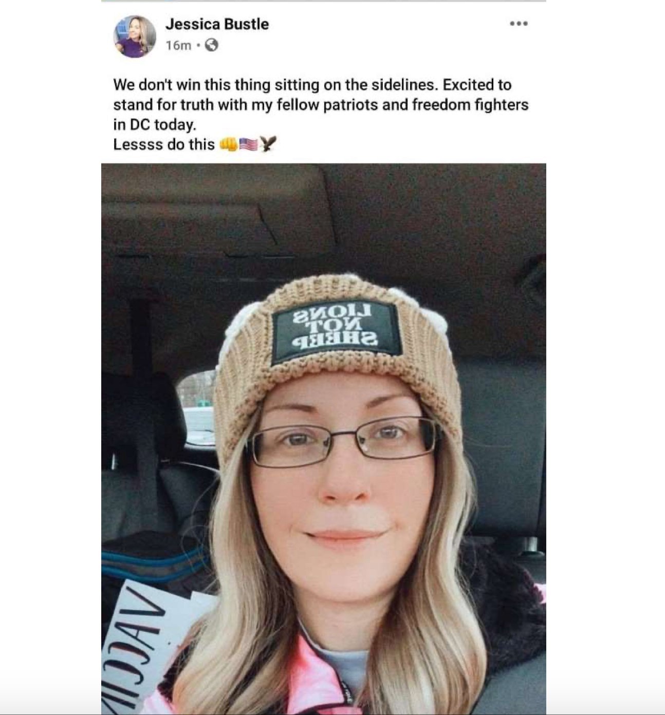 Jessica Bustle posts on Facebook that she will not stand on the sidelines.