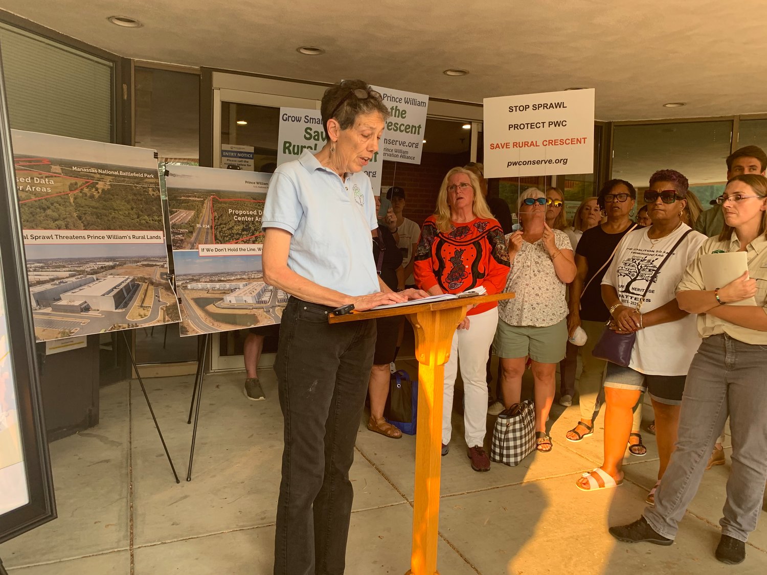 Kim Hosen, Executive Director of Prince William Conservation Alliance speaks at the July 21 media conference outside the Prince William Board of County Supervisor meeting.