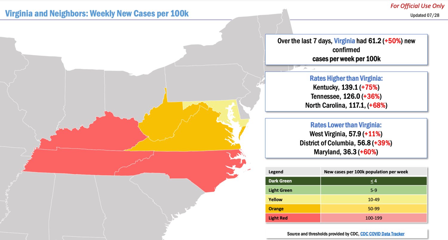 Recent cases of COVID-19 in Virginia and neighboring states.