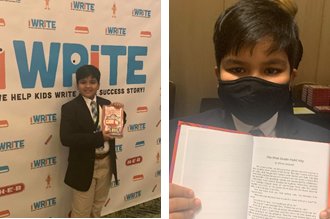 Young author Dhruv Amitabh celebrates being accepted for publication in 'iWrite's Short Stories by Kids for Kids' 2021 anthology of children's short stories at the publisher's celebration in Houston, Texas.