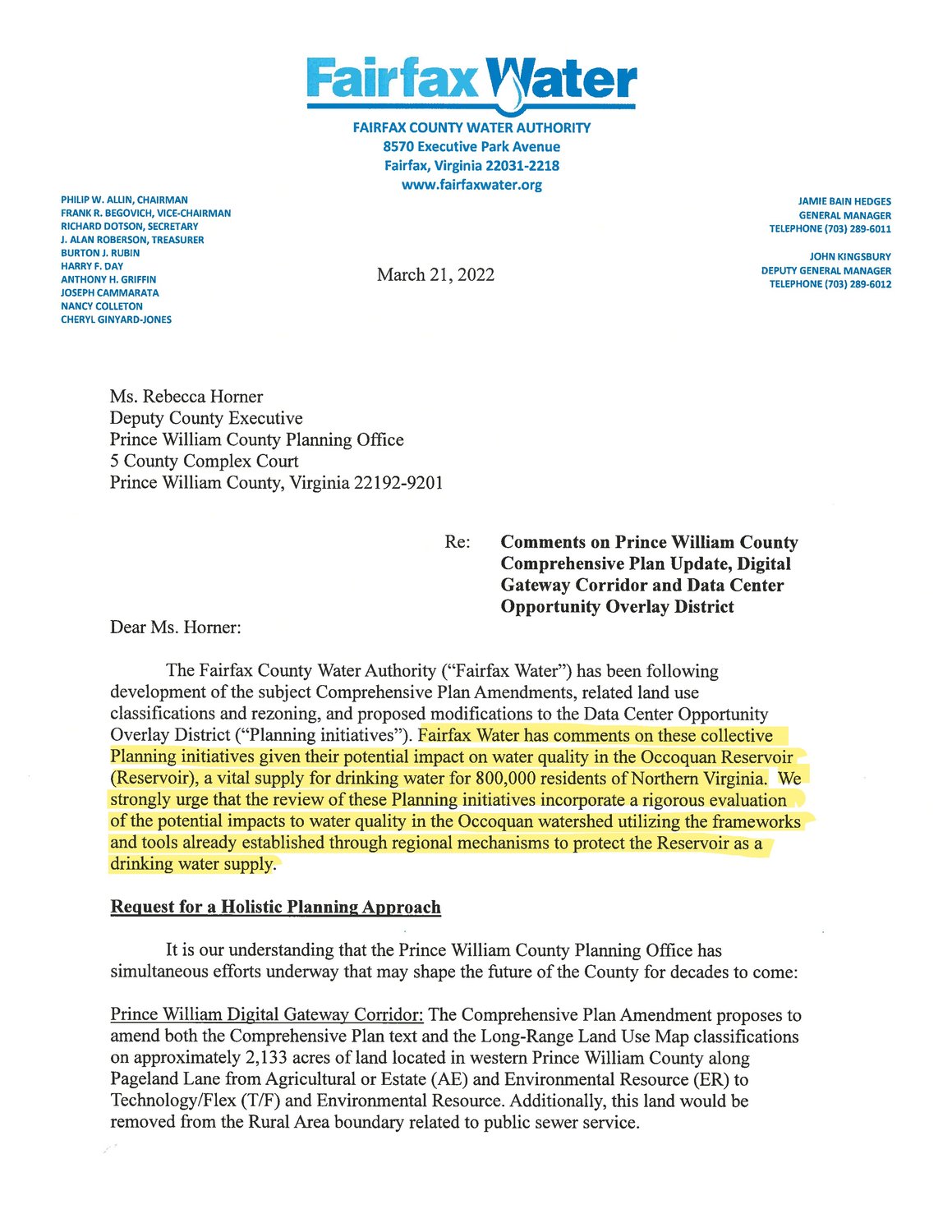 Letter from Fairfax Water Authority to Prince William County Deputy County Executive