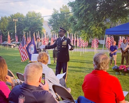 Sgt. Major Jame Gruder tells the story of Old Glory to the crowd at the Flags for Heroes ceremony.