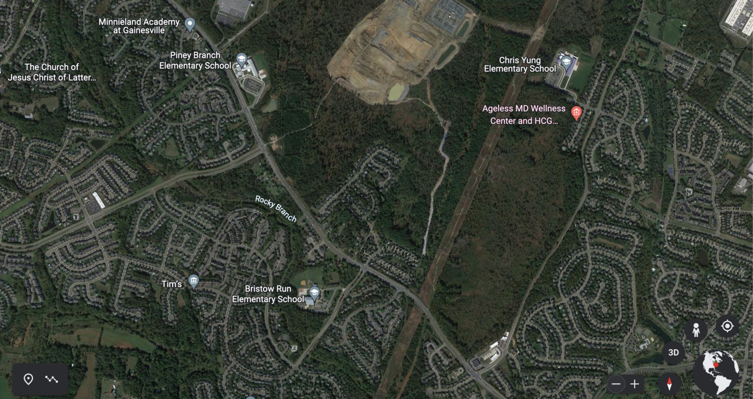 Aerial view image shows green space on the Hunter property (left) that is zoned for data centers. Along Devlin Road could possibly become the Devlin Tech Park should the supervisors approve the project.