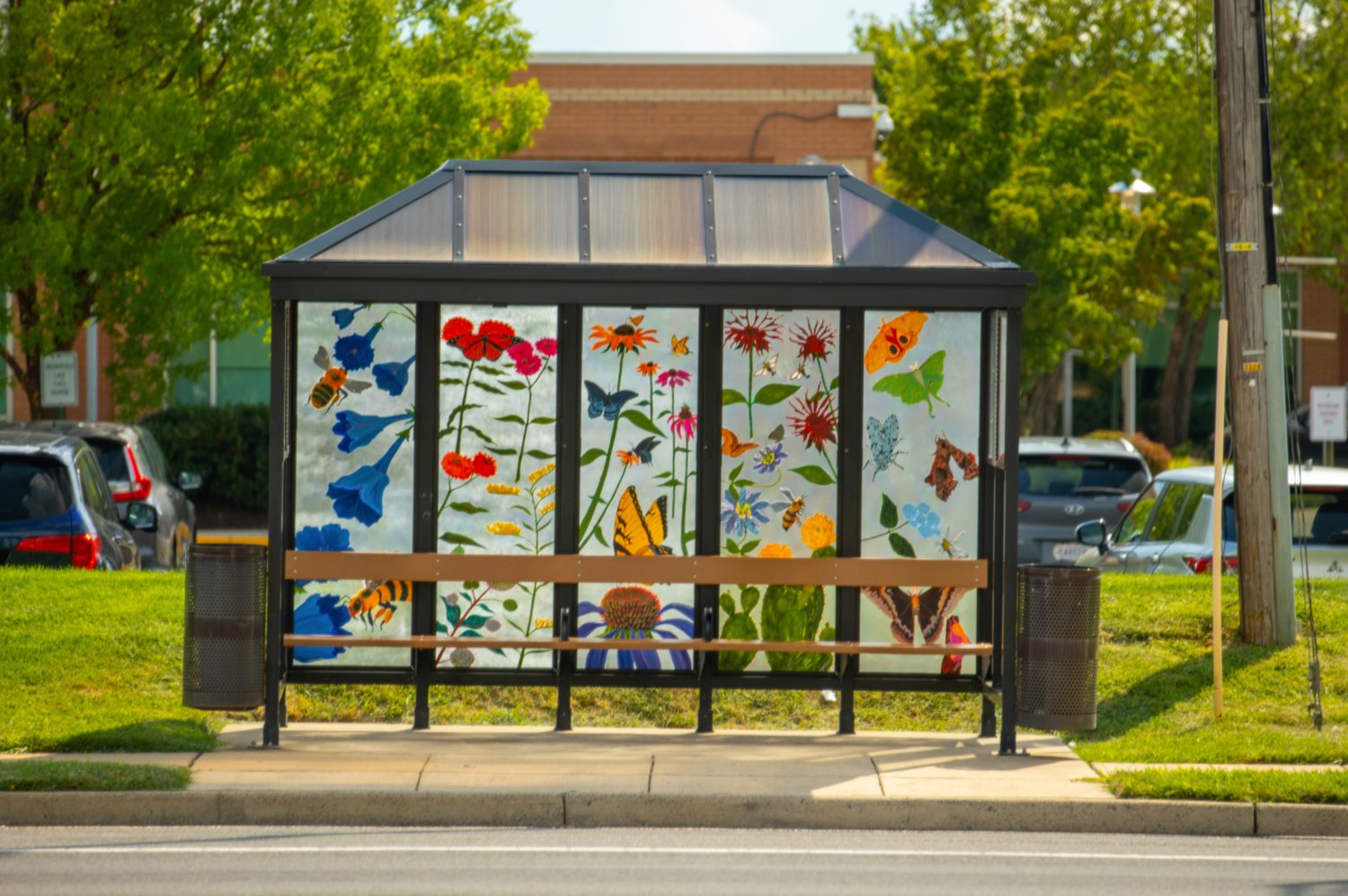 Beatified Omni Ride bus shelter at Sudley Road and Diggs (in front of NOVANT Health) Artist: Emily Thomson