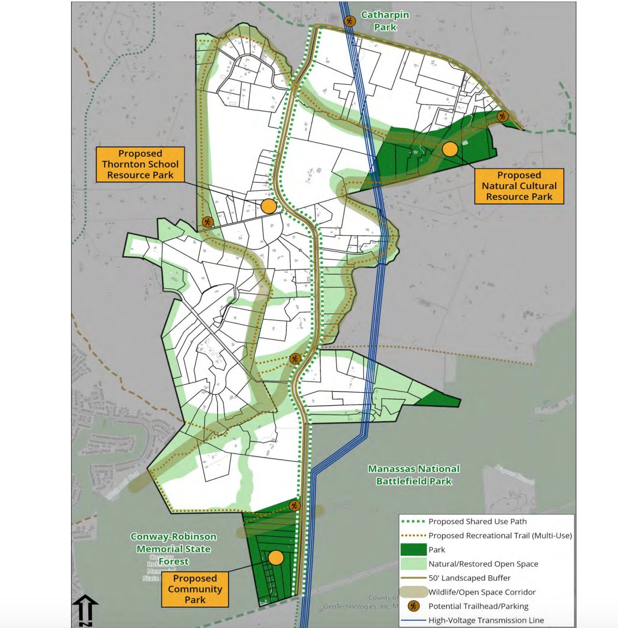 Map shows green space parks and data centers 'parks proposed for the 2100+ acre Digital Gateway on Pageland Lane.