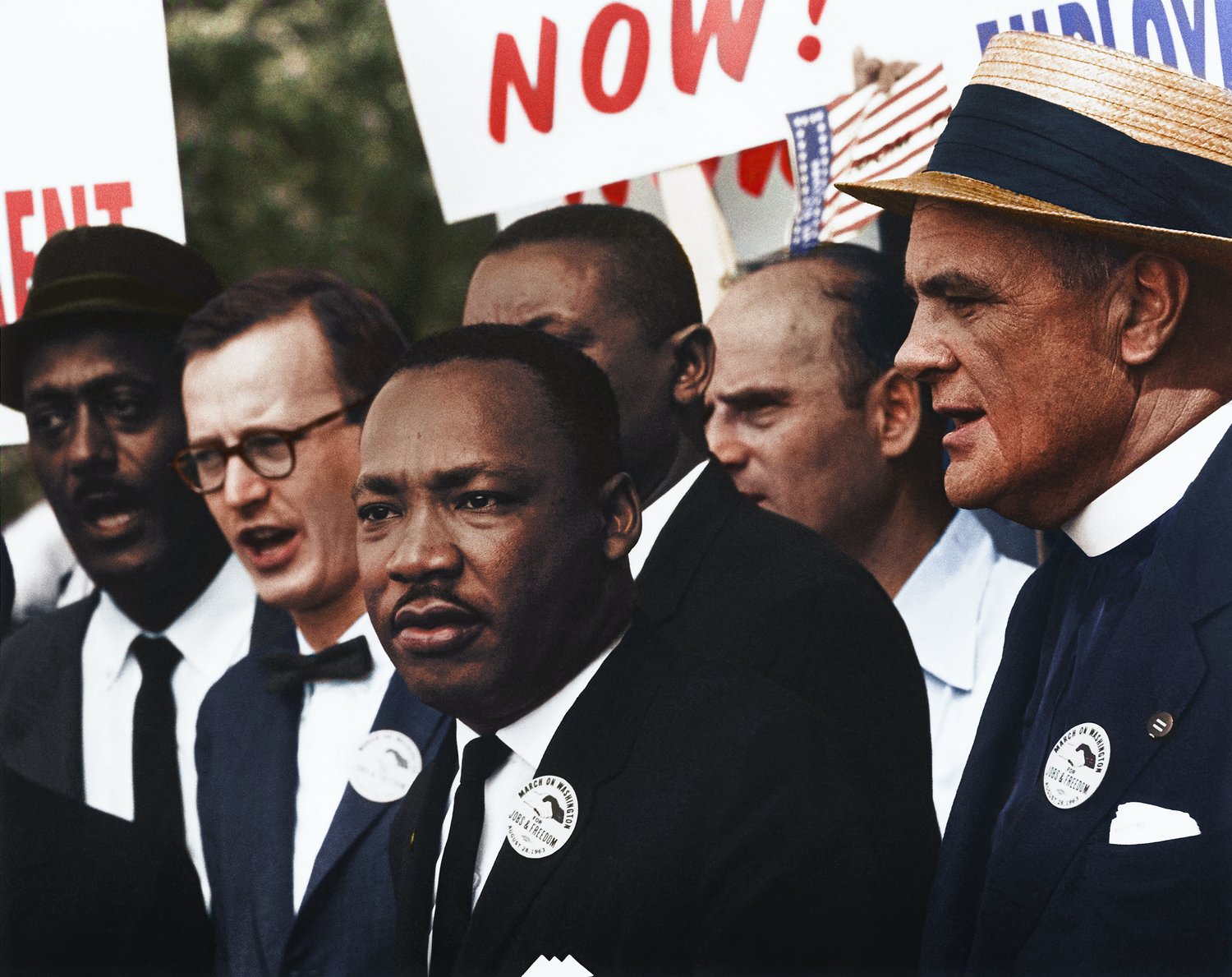 "[Civil Rights March on Washington, D.C. [Dr. Martin Luther King, Jr. and Mathew Ahmann in a crowd.], 8/28/1963" Original black and white negative by Rowland Scherman. Taken August 28th, 1963, Washington D.C, United States (The National Archives and Records Administration). Colorized by Jordan J. Lloyd. U.S. Information Agency. Press and Publications Service. ca. 1953-ca. 1978. https://catalog.archives.gov/id/542015 (Washington, D.C.)