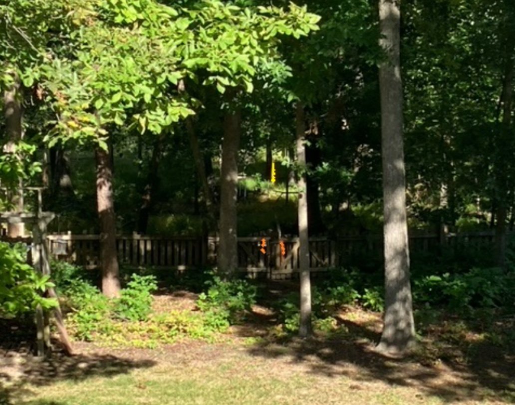 A backyard of an Amberleigh Station resident backs up to the Hunter data center campus. A yellow poll marks 100 feet between the homeowner's fence and the data center property.