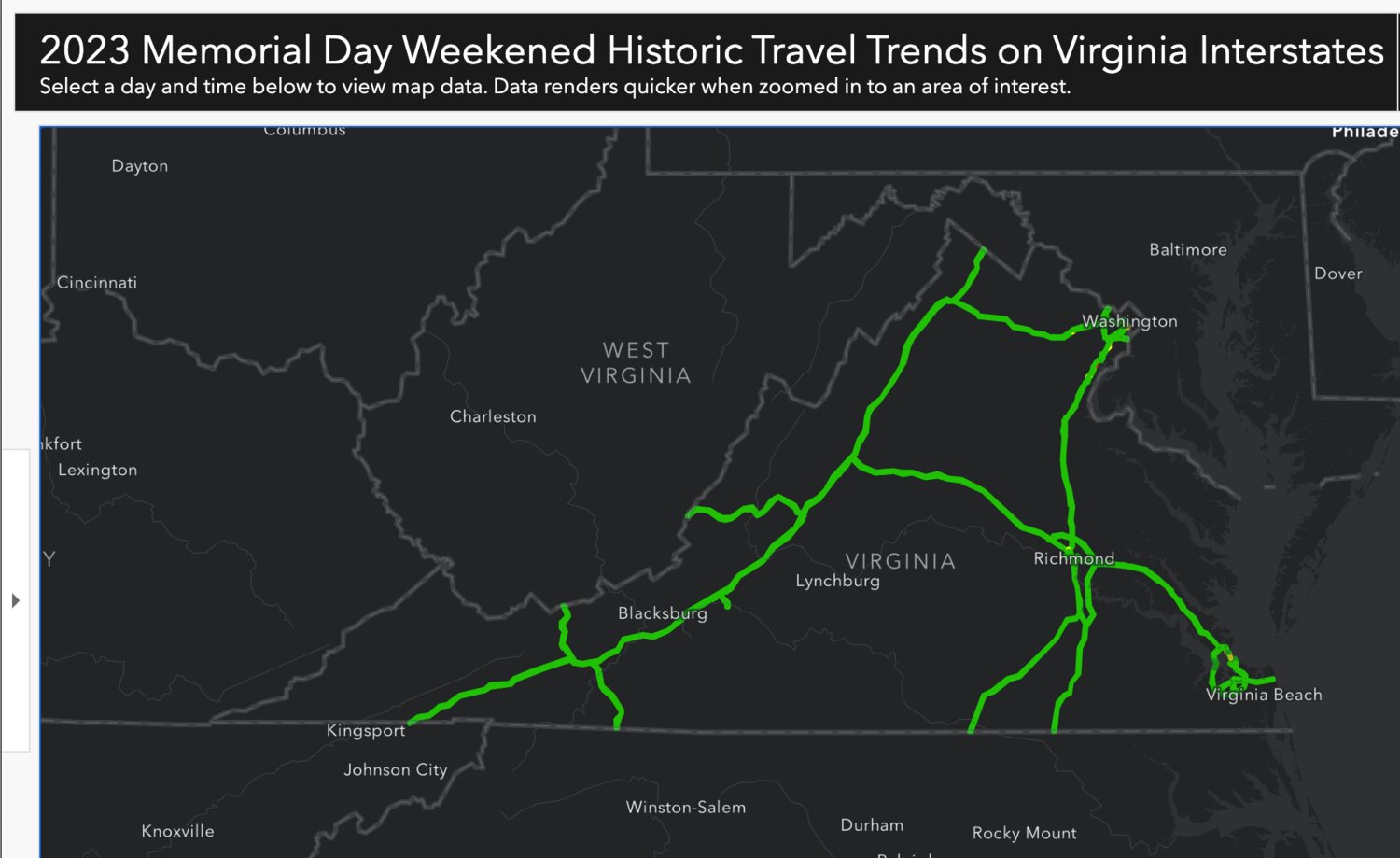 Historic times on Virginia interstate routes.