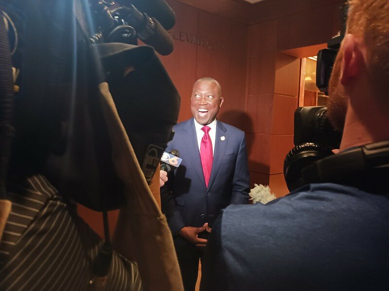 Del. Don Scott, D-Portsmouth, speaks to reporters at the Democratic Watch Party on Nov. 7, 2023. Scott will become the new House Speaker.