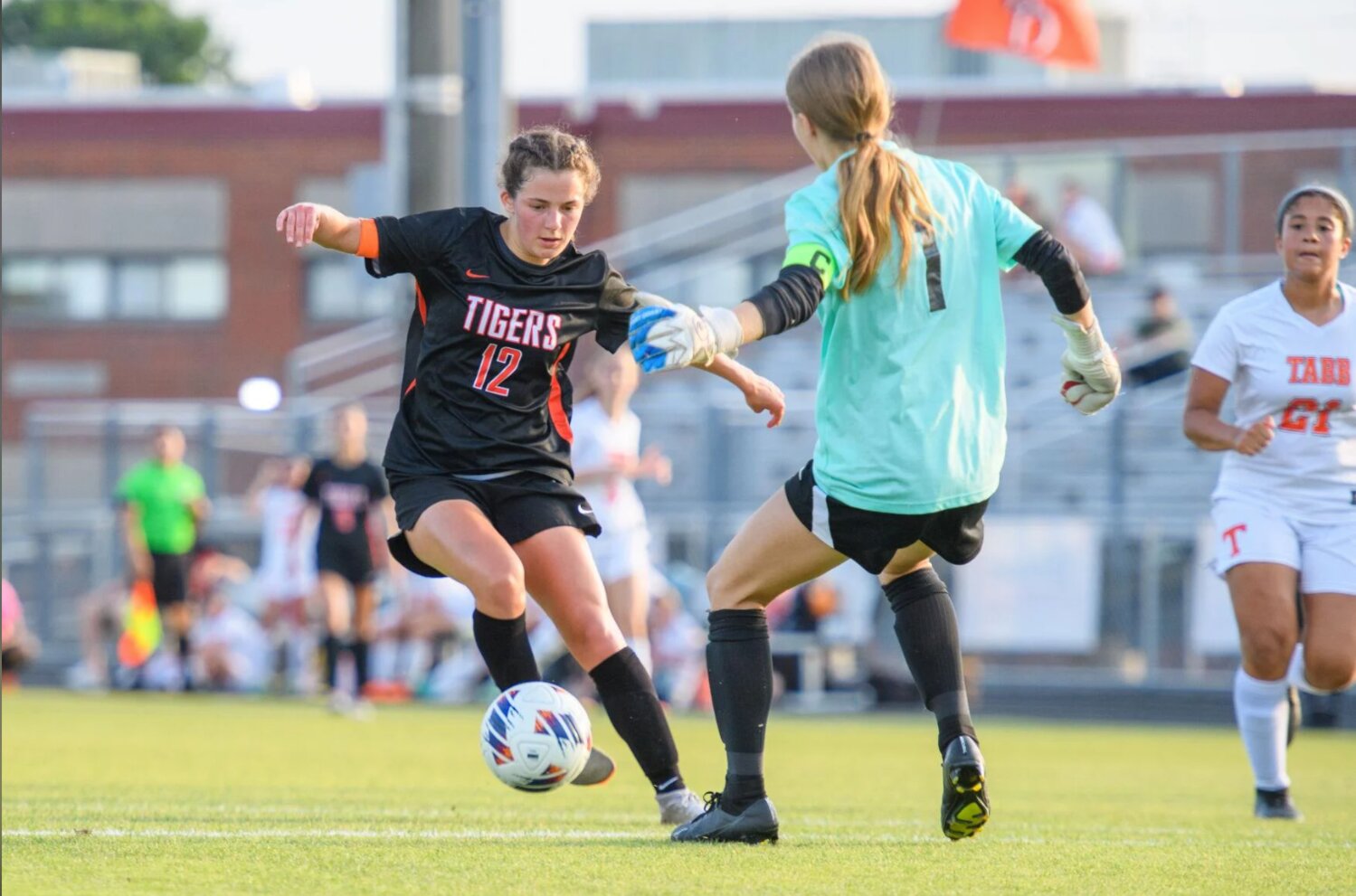 Brentsville’s Peyton McGovern with a one-on-one against Tabb’s goalie during the state quarterfinals.