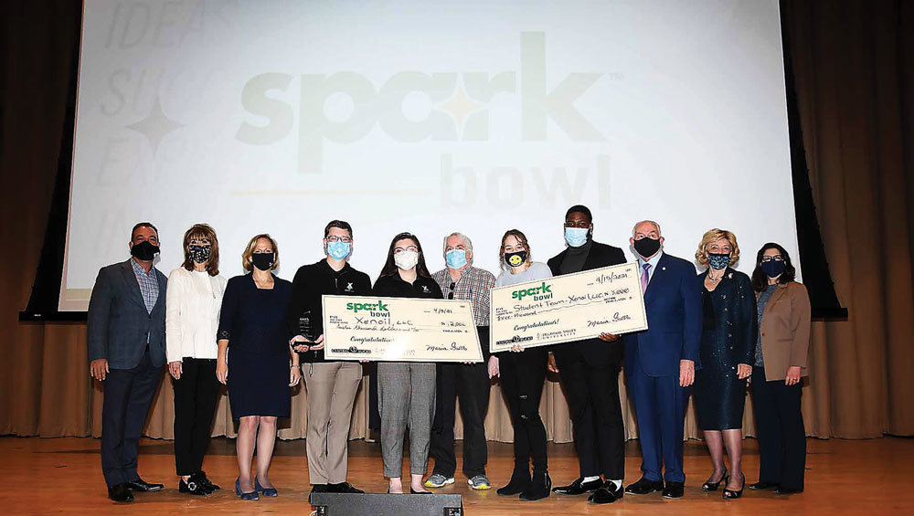 Delaware Valley University  From left are: Spark Bowl Judge Michael Araten, Spark Bowl Judge Dr. Donna De Carolis, Spark Bowl Judge Susan Lonergan, first place winners Anthony Prato and Rachel Hodgins of Xenoil, Small Business and Entrepreneurship Center Advisor Don Brown, Spark Bowl first place student consultants Bridgette Schoultz ’23 and Javon Speid ’21, Spark Bowl Judge and DelVal Trustee Bill Schutt, Central Bucks Chamber of Commerce President and CEO Dr. Vail Garvin and Delaware Valley University President Dr. Maria Gallo.