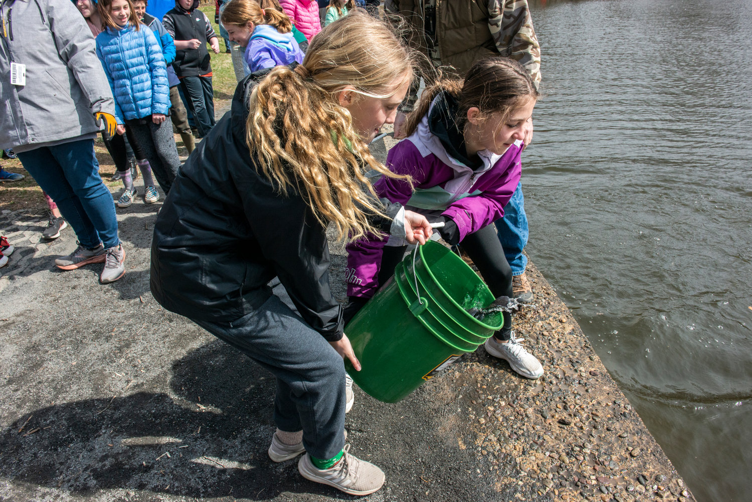 Students help stock the pond at the Borough Dam in Doylestown.