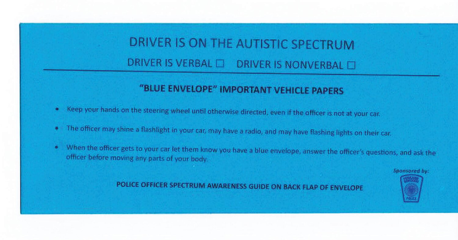 The front of the blue envelope, part of a new program to aid police interactions with those on the autism spectrum.