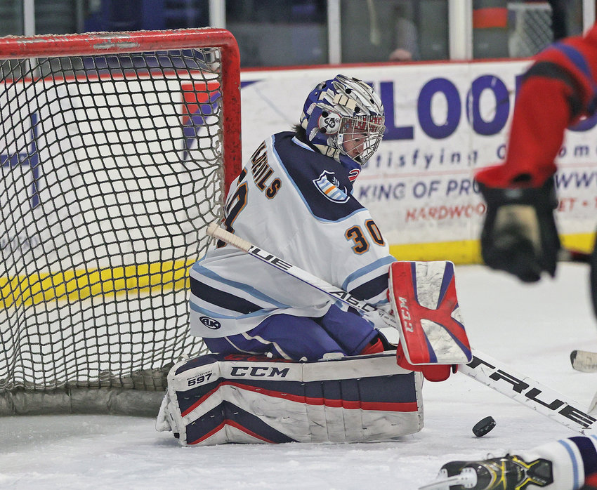 Rolling on its edge, the puck got by the stick, but not the pads, of Lucas Poltorak, the Blue Devils' senior goalie.