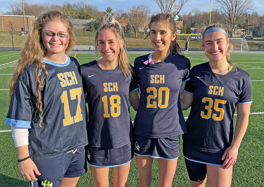 The SCH girls lacrosse captains for 2022 are seniors (left to right)&nbsp; Lucy Pearson, Brooke Gyllenhaal, Cece Reilly, and Ava Schreiber. Photo by Tom Utescher