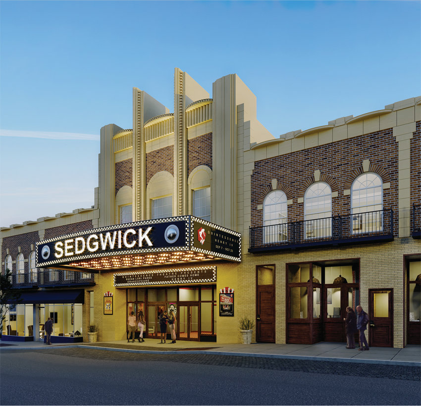 Architectural rendering of a restored Sedgwick Theater facade.