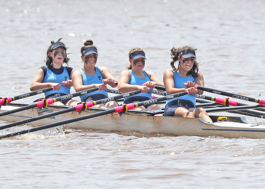 Boatmates in the junior quad in 2021 and in the senior quad this spring, these SCH girls are racing in their last Stotesbury together.&nbsp; Photo by Tom Utescher
