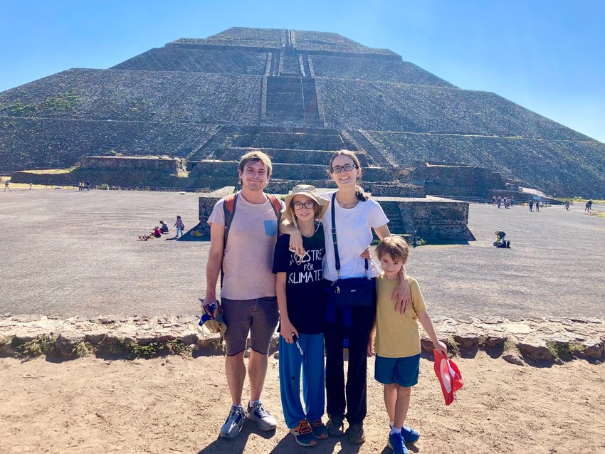 Francis Raven and Carolyn Kousky, of Chestnut Hill, recently took their sons Noah (second from left) and Nate to visit a pyramid in Oaxaca, Mexico.