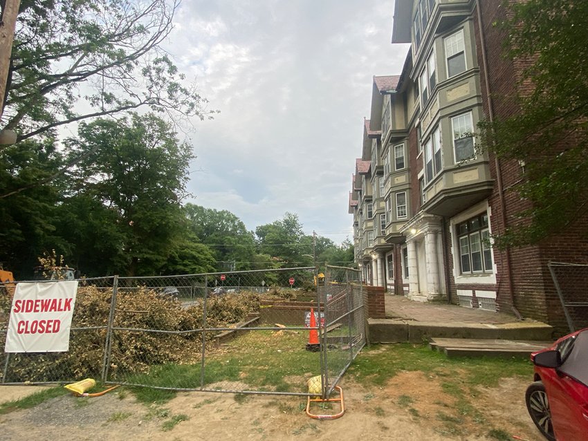 The front of the Cresheim Valley Apartments is under construction to make way for new steps, new sanitary sewers, a new key fob entry system, and more security cameras, according to SBG owner Phillip Pulley.