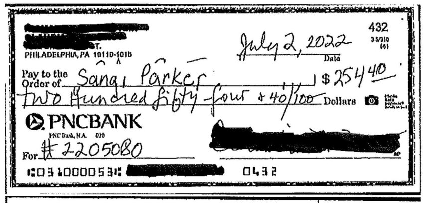 A source in Mt. Airy says she had a check stolen, washed and the name &ldquo;Sanai Parker&rdquo; written on the payee line in the exact same handwriting that wrote &ldquo;Sinai Parker&rdquo; on a previous check shown to the Local.