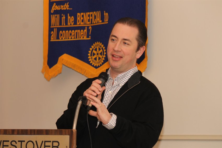 Flourtown native Tyler Kepner is seen giving a talk to the Norristown Rotary Club about his dream job covering Major League baseball for the New York Times.
