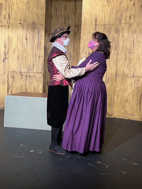 Actor Ross Druker, of Lafayette Hill, rehearses with Sarah Labov in a scene from a production of Shakespeare's &ldquo;Much Ado About Nothing.&rdquo;