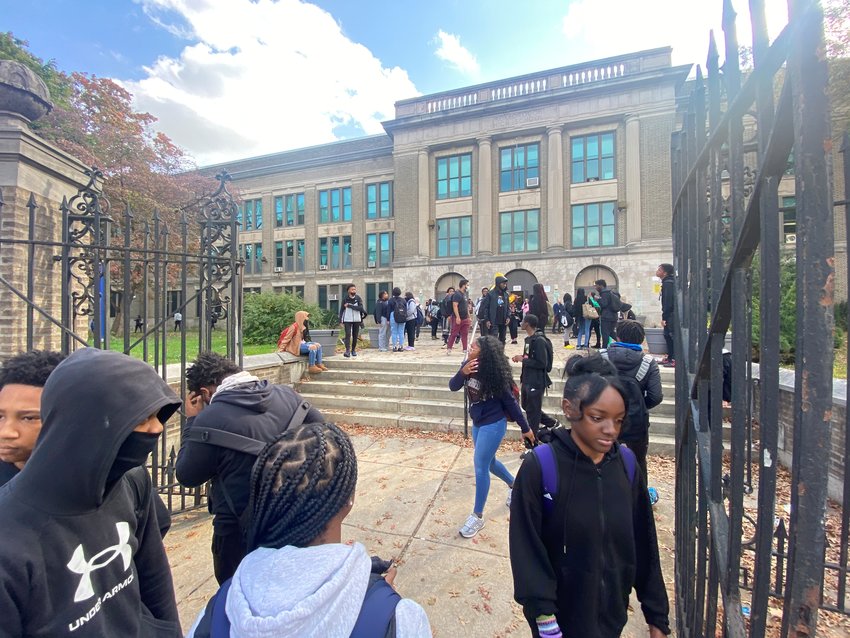 Students at Roxborough High School being dismissed from school on Monday.
