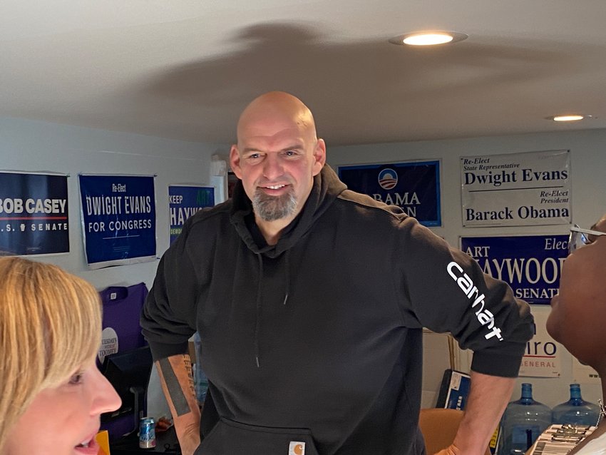 John Fetterman, Pennsylvania&rsquo;s Democratic Senate candidate, met with press and supporters in front of Rep. Dwight Evans&rsquo; campaign office Monday morning. Photo by Tom Beck