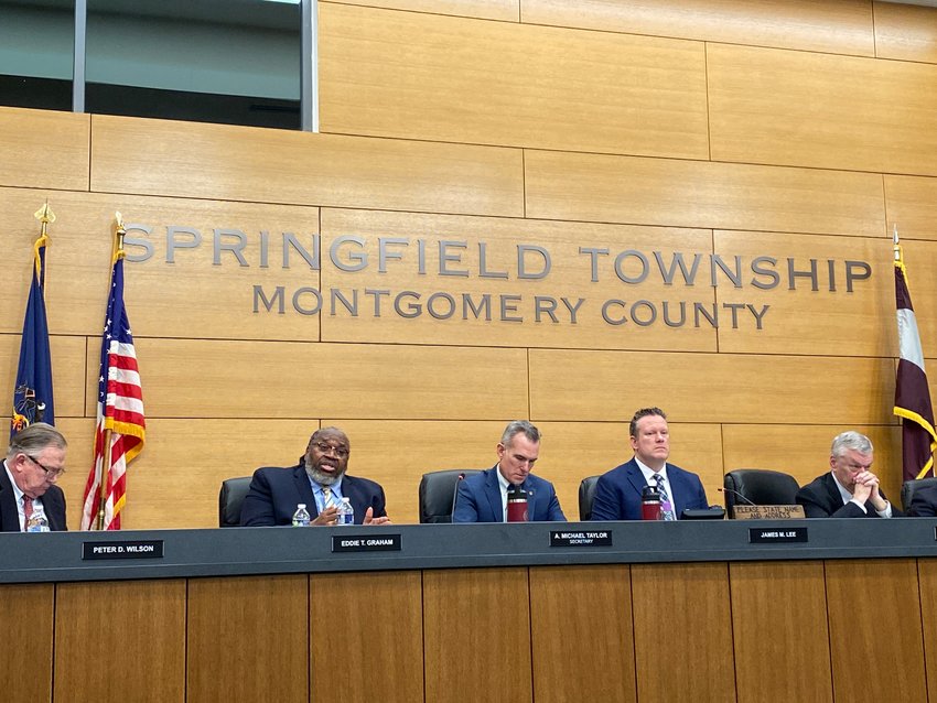 Springfield Township Commissioners including the board's former chairman Eddie Graham (second from left) discuss a resolution that bans the municipality's employees from displaying the Blue Lives Matter flag while on duty.