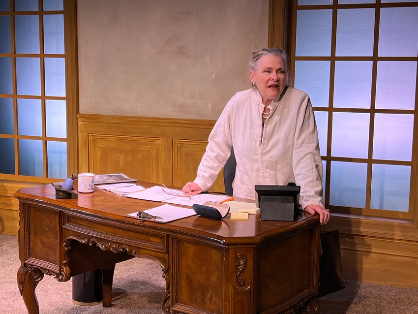 Actress April Woodall rehearses her role in &ldquo;Ann,&rdquo; a one-woman play about former Texas Gov. Ann Richards at Montgomery Theater in Souderton through Feb. 26.