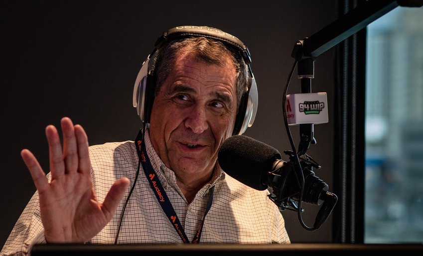 Angelo Cataldi in a familiar spot - behind the microphone in 94 WIP&rsquo;s studios in 2400 Market.