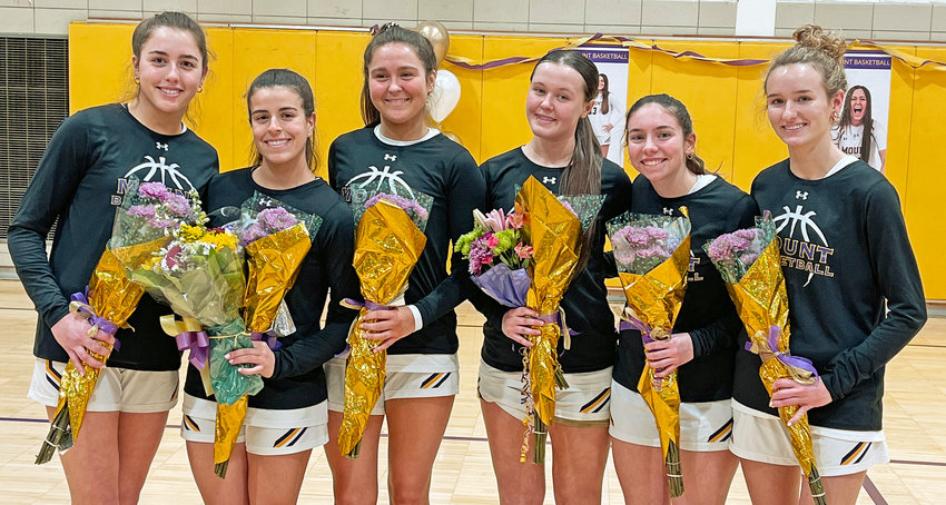 Before last Thursday's home game, the Mount St. Joseph basketball team honored its Class of 2023: (from left) Georgia Pickett, Kiersten Pumilia,   Lauren Hoffman, Chloe McGrorty, Carloe Shouldis and Julia Donahue.