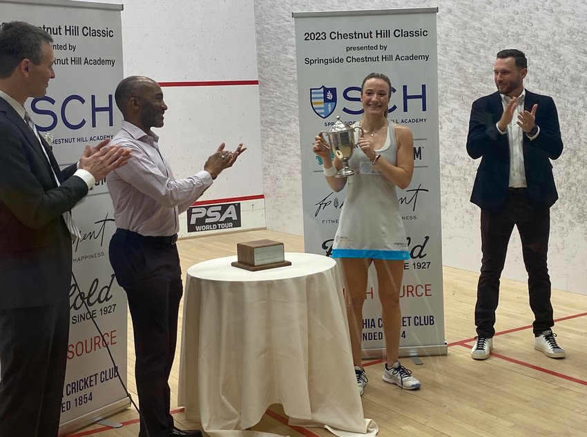 Pierre Bastien, emcee and PCC Member, SCH Head of School Dr. Delvin Dinkins, and director of squash at the Philadelphia Cricket Club Rich Wade (far right) congratulate Olivia Fiechter after her impressive win in the inaugural 2023 Chestnut Hill Classic. The tournament took place over the course of five days at the Philadelphia Cricket Club and attracted the top female squash players from around the world.